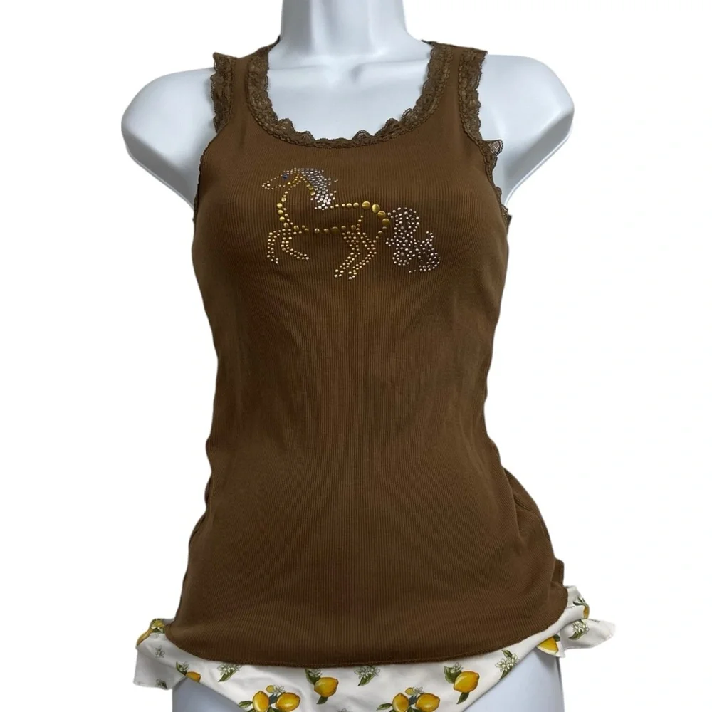 Y2K Tank Top Lace Horse Medium - Picture 2 of 10